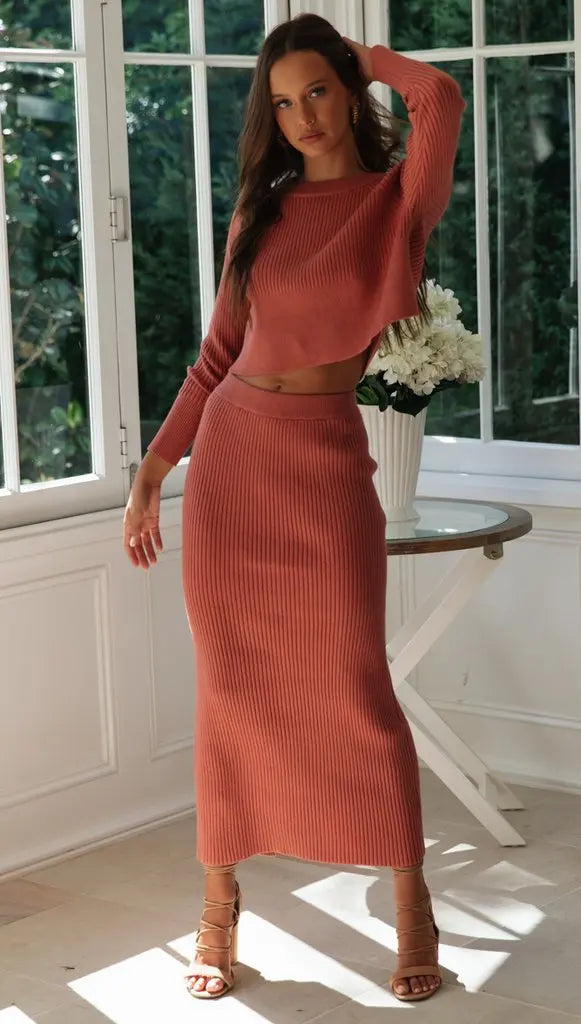 Knitted Two-Piece Set for Women: Sweater Crop Top & Bodycon Skirt Outfit Milanni Fashion