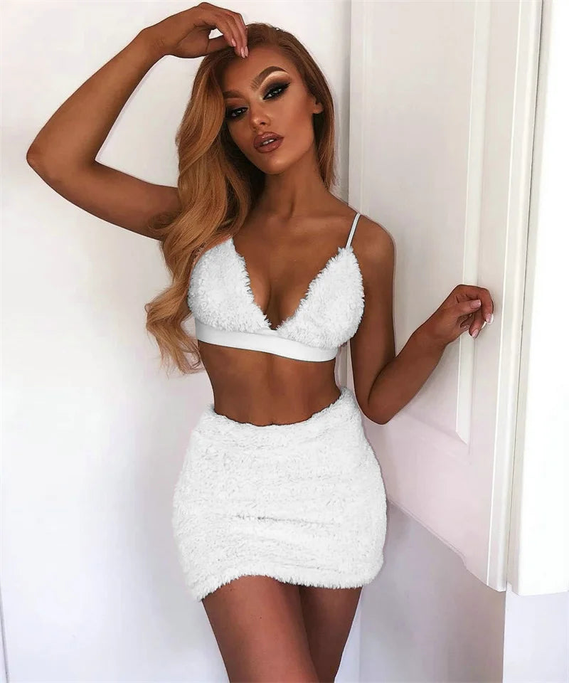 Sexy Off-Shoulder Deep V-Neck Crop Top & Fur High Waist Mini Pencil Skirt Two-Piece Women's Suit Milanni Fashion