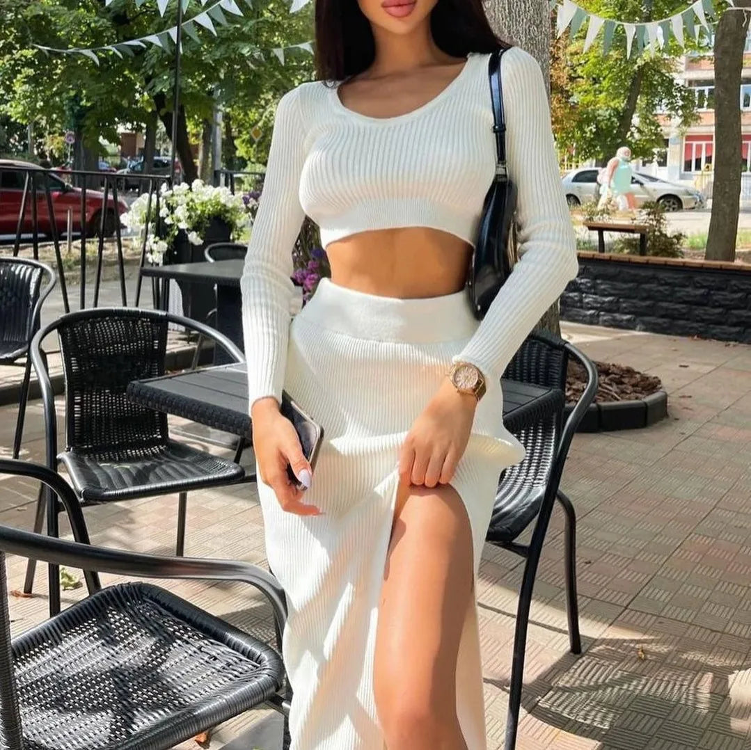 Women Sexy Knitted Sweater Skirt Suit Fashion Long Sleeve Crop Tops And Long Split Skirt Two Piece Set  Milanni Fashion   