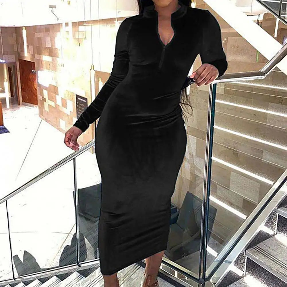 Women Solid Color Zipper Dress Autumn Winter Long Sleeve Bodycon Midi Dress  Milanni Fashion   