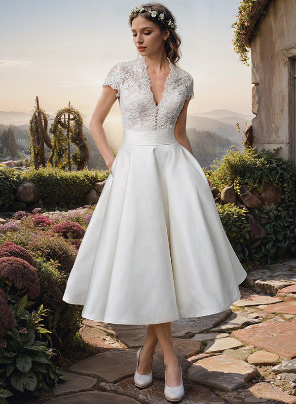 Carmen | Women's Pointed-Top V-Neck Midi Wedding Dress