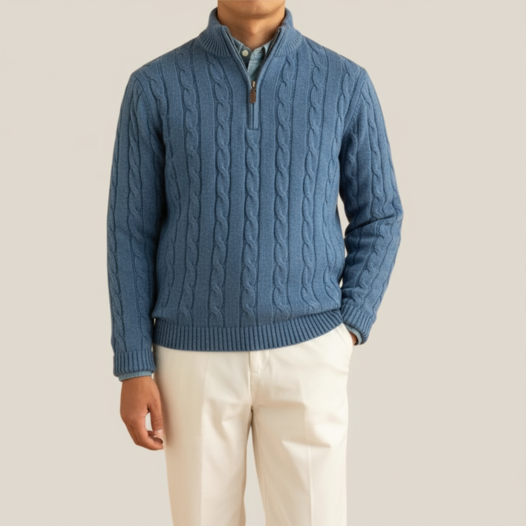 Men’s Cable Knit Half Zip Jumper – Stand Collar, Rib Trim