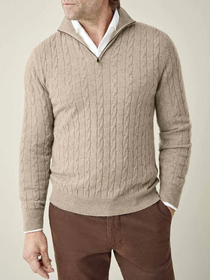 Men’s Cable Knit Half Zip Jumper – Stand Collar, Rib Trim