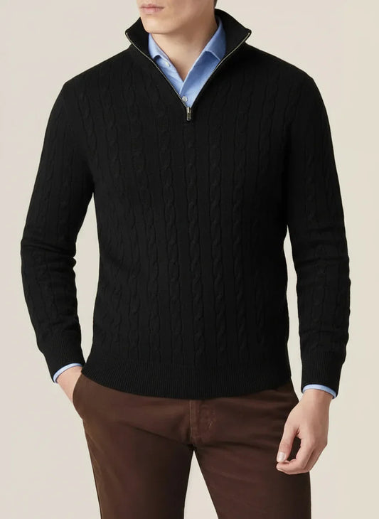 Men’s Cable Knit Half Zip Jumper – Stand Collar, Rib Trim