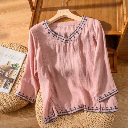 Brigitte | Embroidered V-neck blouse with graceful feminine everyday charm