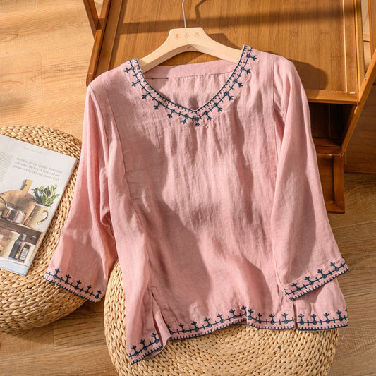 Brigitte | Embroidered V-neck blouse with graceful feminine everyday charm