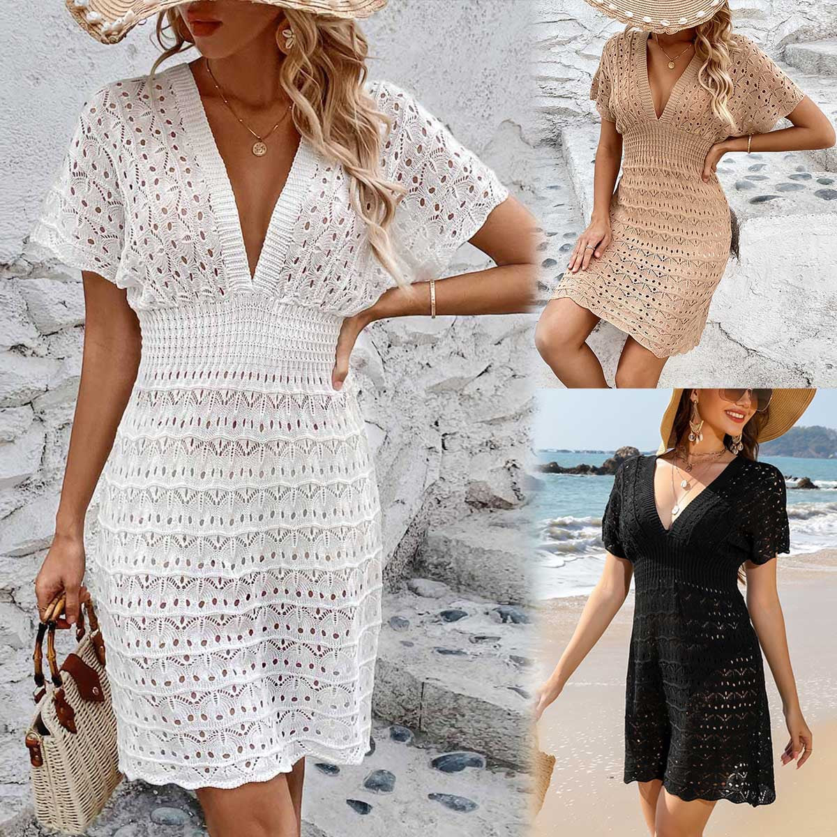 Deep V-neck Beach Dress Wave Pattern Hollow Out Summer Collection Milanni Fashion   