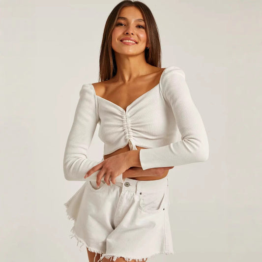 Jessica | Women's Langarm Crop-Top with Geraffter Vorderseite