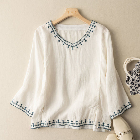 Brigitte | Embroidered V-neck blouse with graceful feminine everyday charm