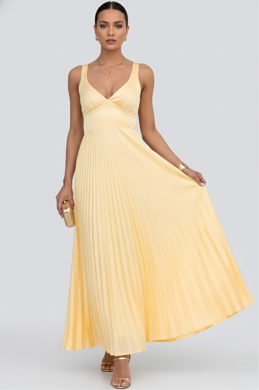 Kerstin | Women's V-Neck Maxi Dress with Pleated Skirt