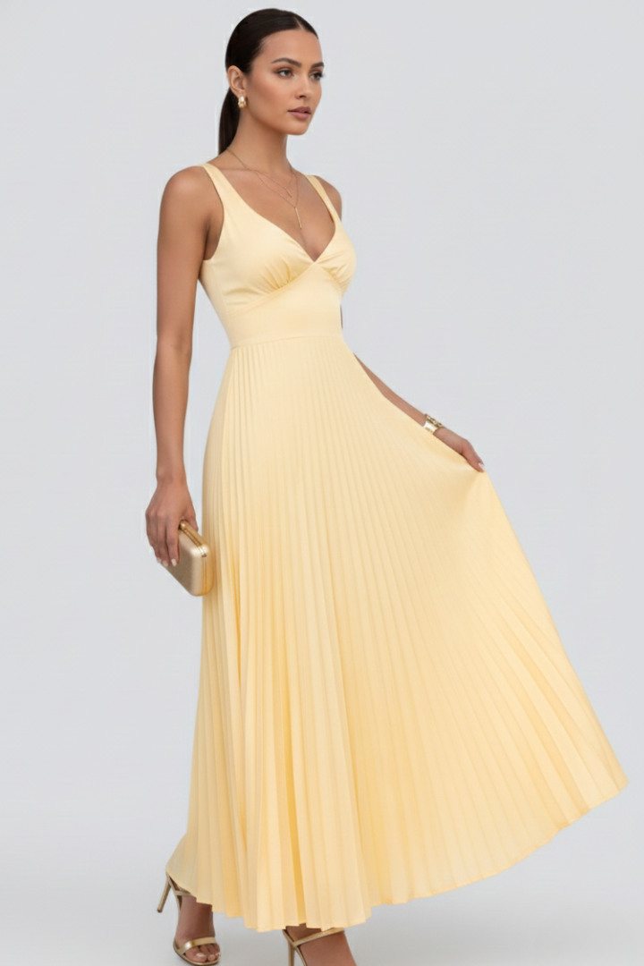 Kerstin | Women's V-Neck Maxi Dress with Pleated Skirt