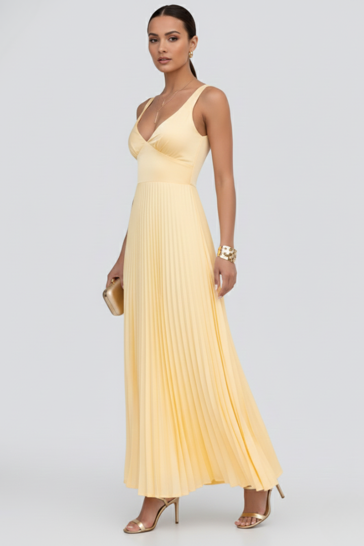 Kerstin | Women's V-Neck Maxi Dress with Pleated Skirt
