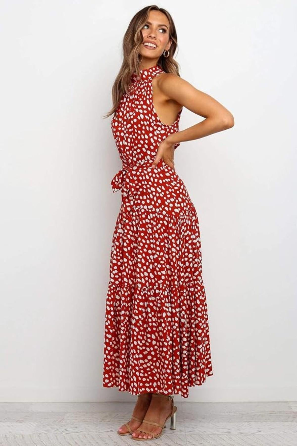 Karin | Women's Maxi Dress with print, Halter Neck and Waist Tie