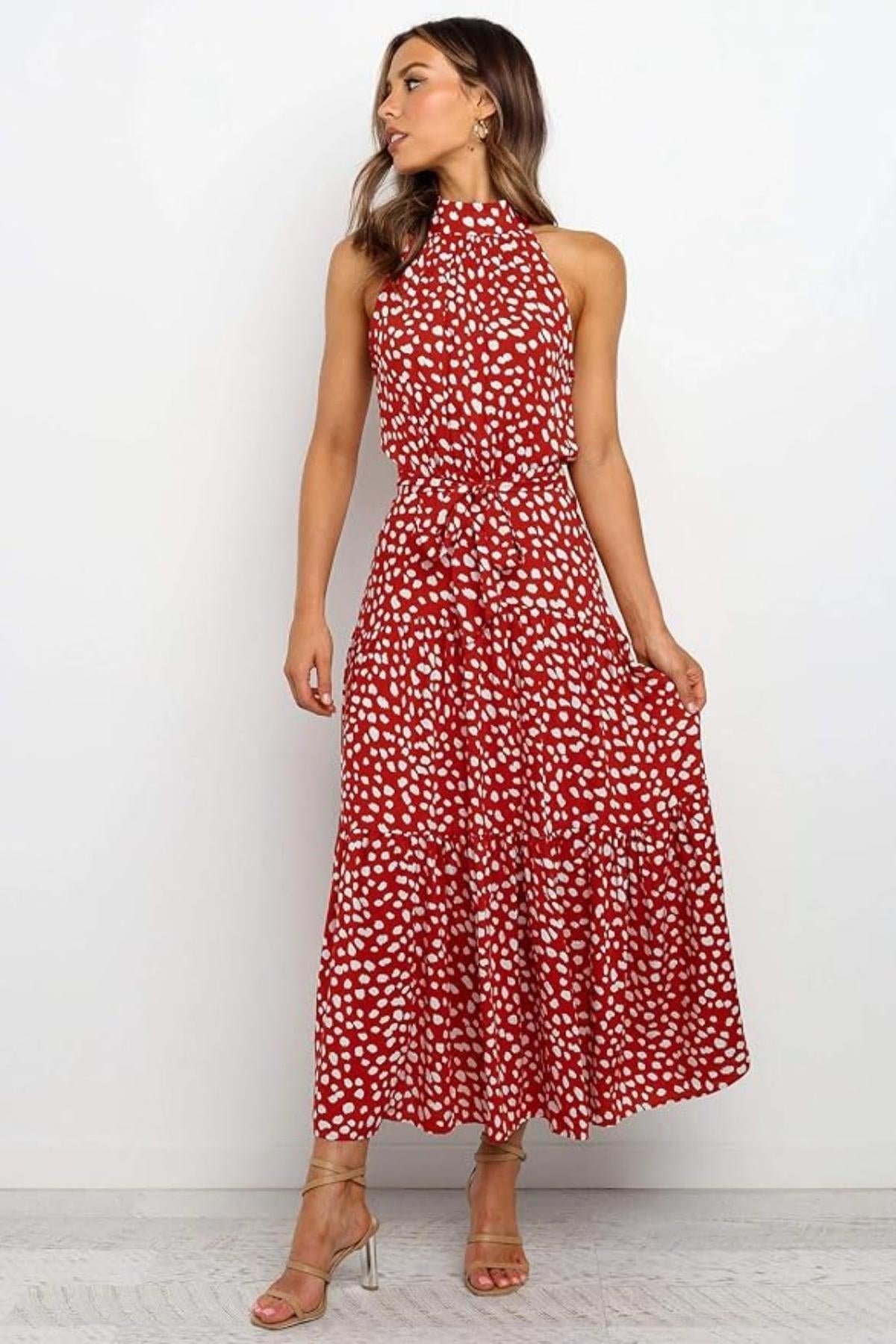 Karin | Women's Maxi Dress with print, Halter Neck and Waist Tie