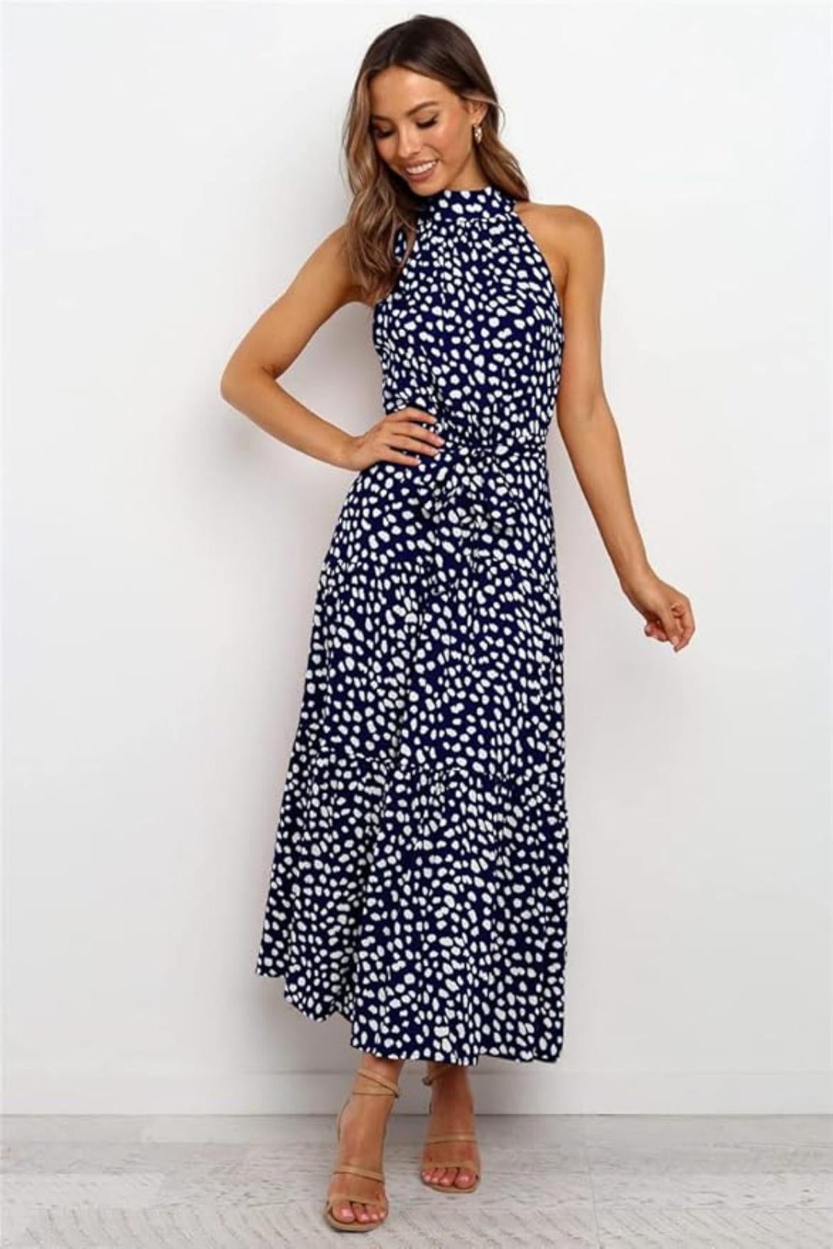 Karin | Women's Maxi Dress with print, Halter Neck and Waist Tie