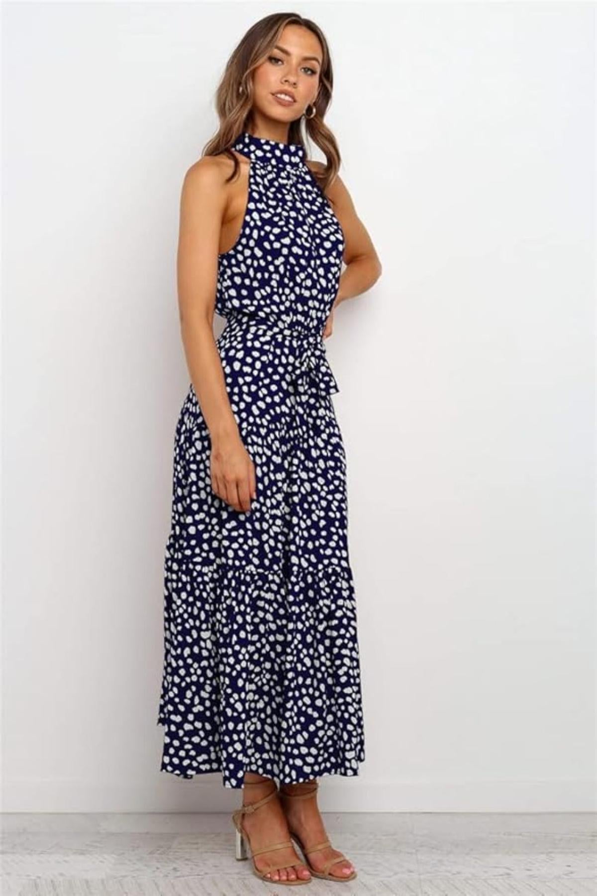 Karin | Women's Maxi Dress with print, Halter Neck and Waist Tie