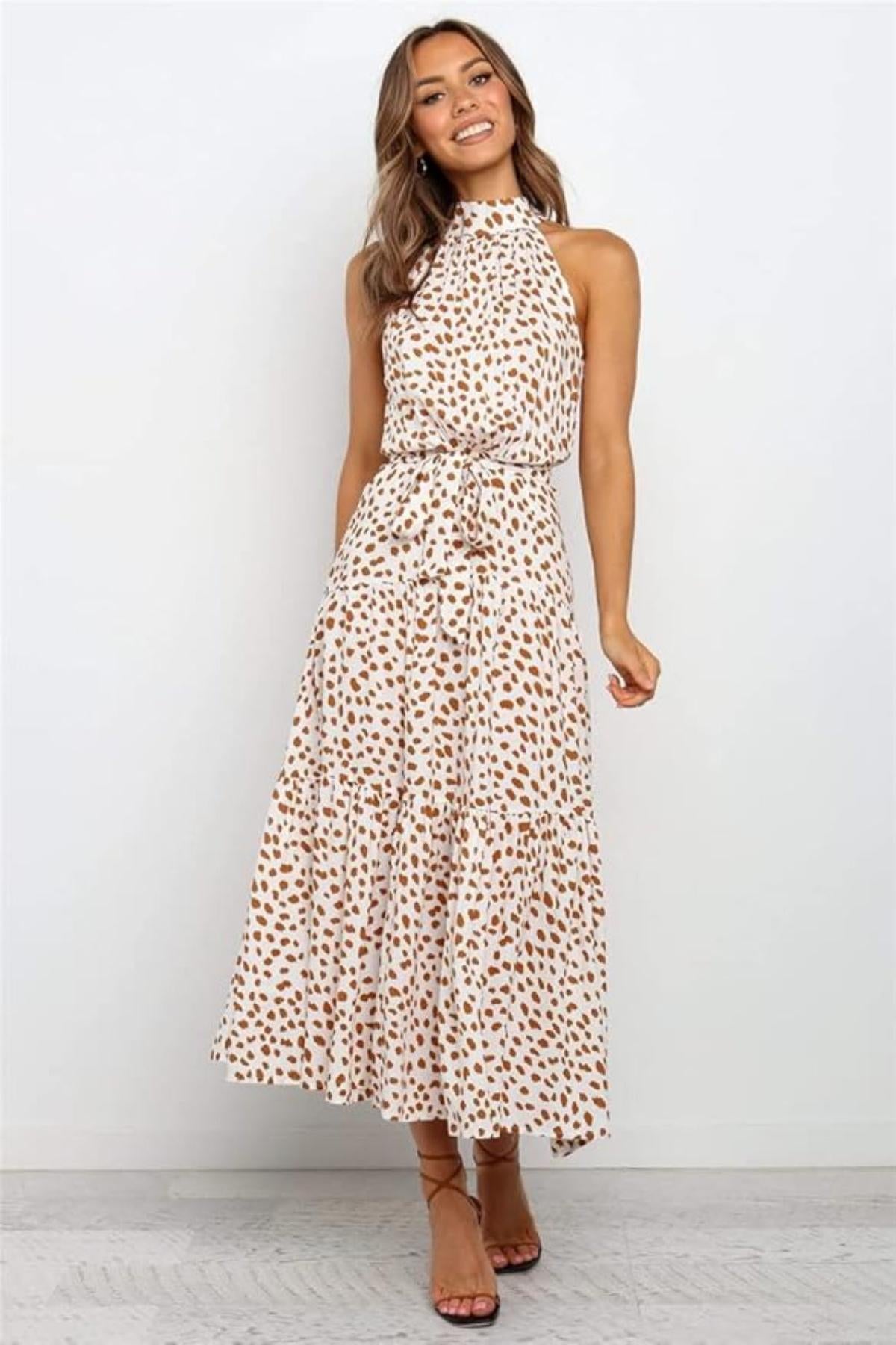 Karin | Women's Maxi Dress with print, Halter Neck and Waist Tie