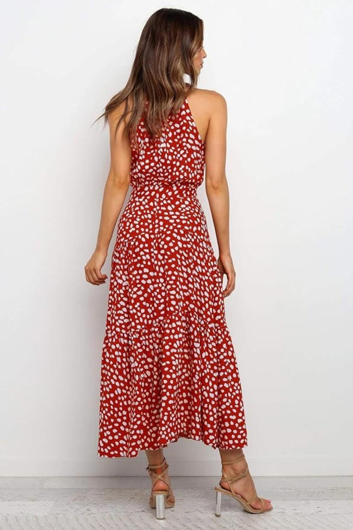 Karin | Women's Maxi Dress with print, Halter Neck and Waist Tie