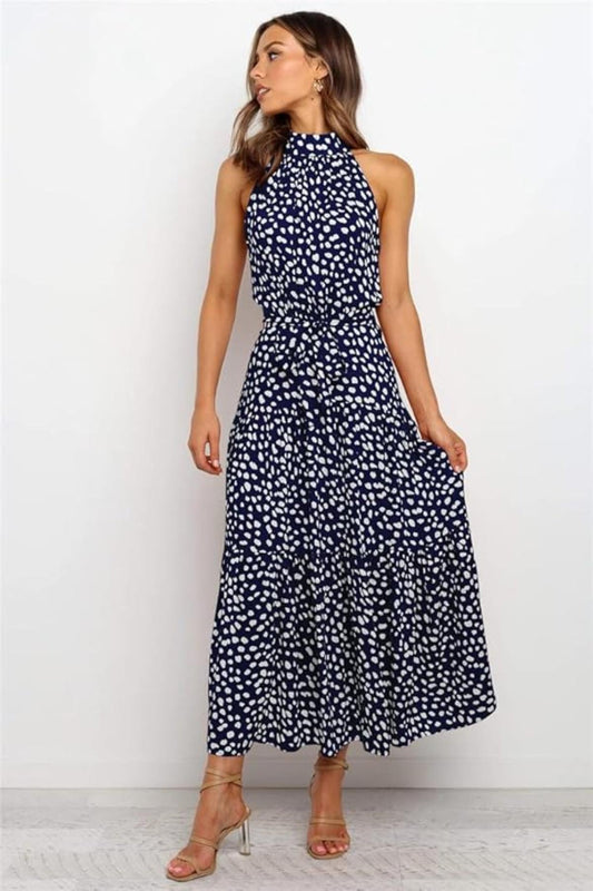 Karin | Women's Maxi Dress with print, Halter Neck and Waist Tie