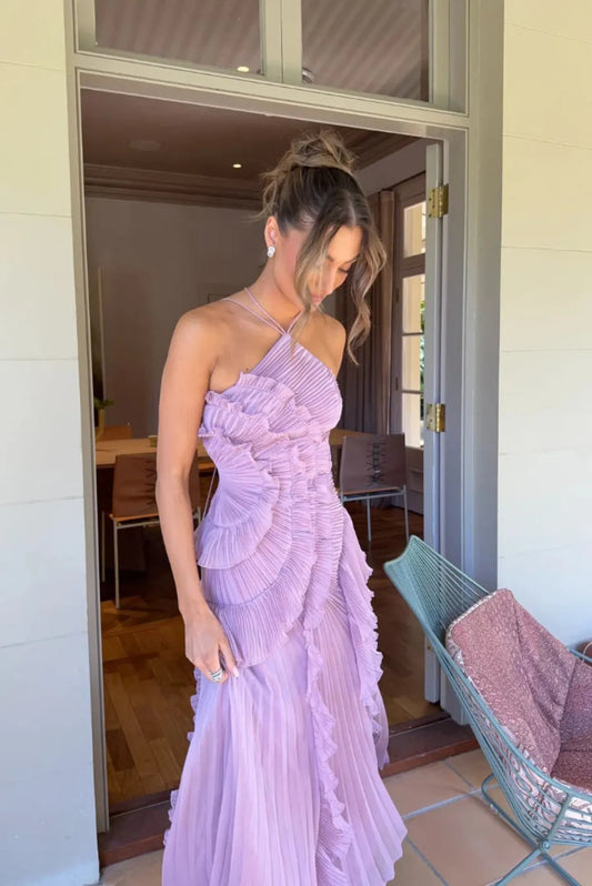 Tanja | Women's Pleated Dress with Halter Neck and Lagenoptik