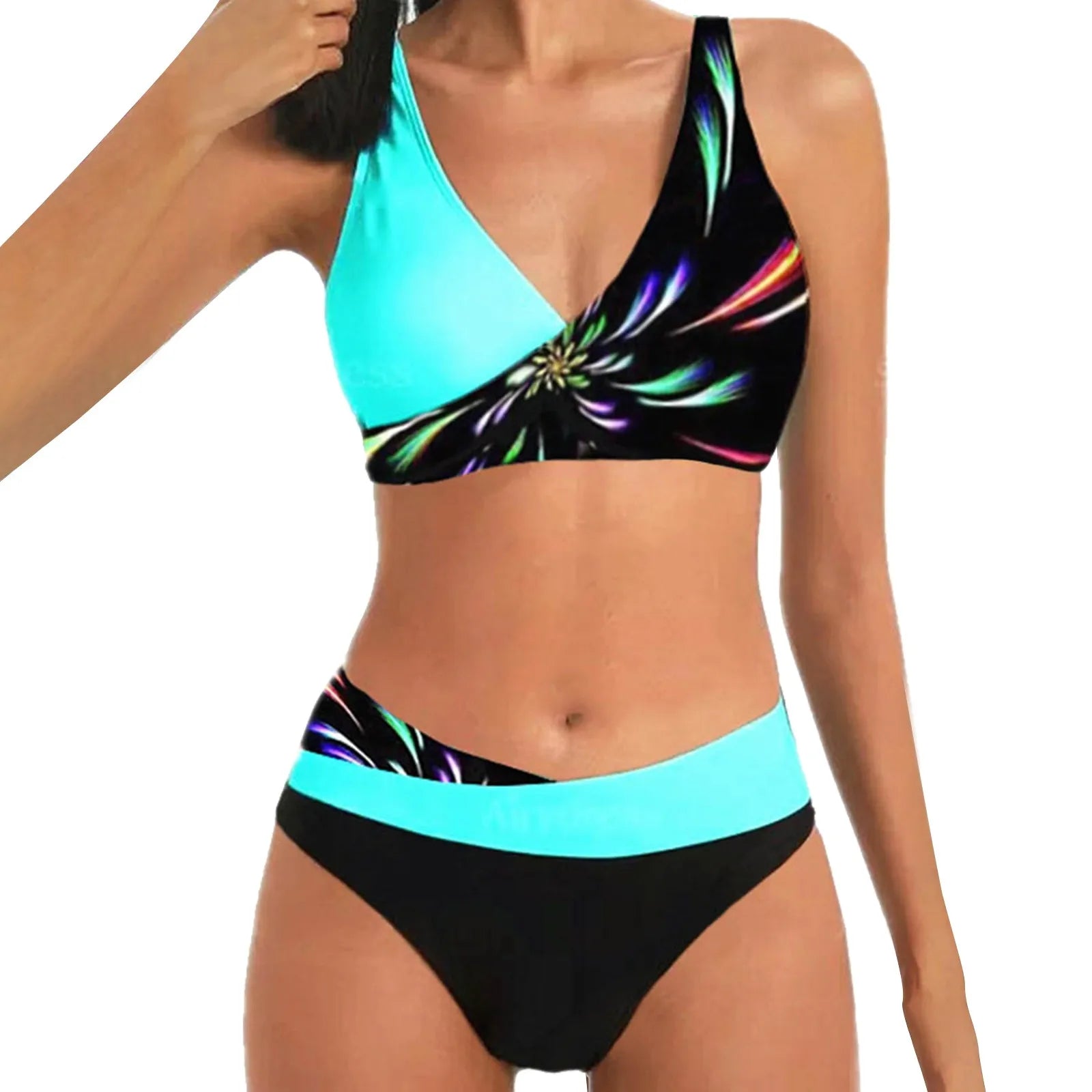 Color Print High-Waisted Tankini Set Triangle Bikini Top and Panties Two-Piece Swimwear for Women Milanni Fashion Blue L United States