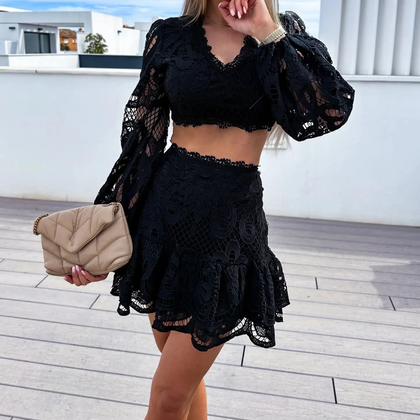 White Crop Top & Mini Skirt Slim Matching Outfit Women's Guipure Lace Embroidery 2-Piece Set  Milanni Fashion Black S 