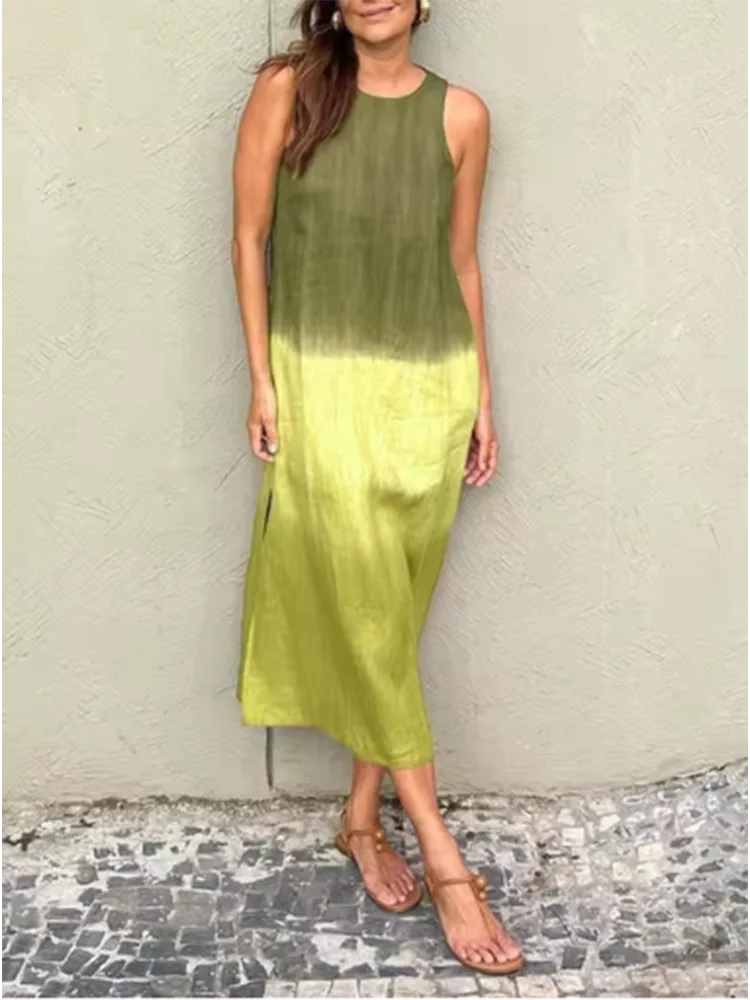 Elegant Gradient Dress Women's o Neck Sleeveless Dress Fashion Loose Vacation Dress Maxi Dress Milanni Fashion Green XXXL 