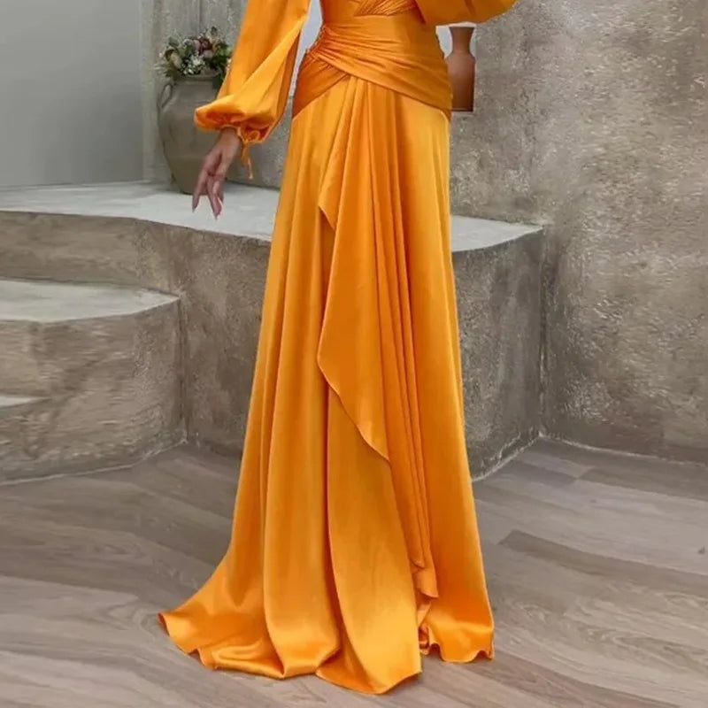 Floor Length Dress Slim Fit Sexy Deep V Neck Puff Sleeve Tight Waist Pleated Party Dress Maxi Dress Milanni Fashion   