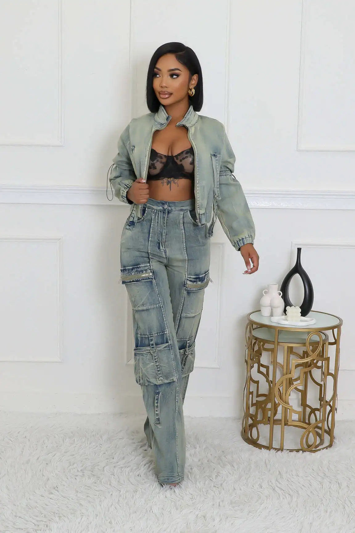 Fashion Stretch Denim Crop Jacket and Pocket Jeans Cargo Pants Casual Denim Two-Piece Suit for Women Milanni Fashion