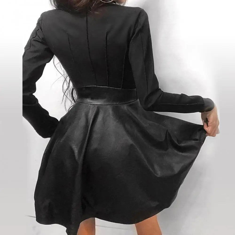 Fashion Women’s Lace Long Sleeve Zipper Pocket Faux Leather Mini Dress with Large Hem Milanni Fashion