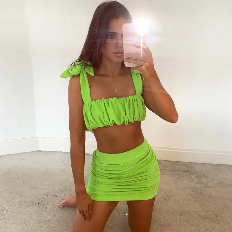 Ruched Pleated Crop Tank Top & Wrap Short Skirt with Tie-Up Straps Women's Summer Two Piece Dress Suit  Milanni Fashion   