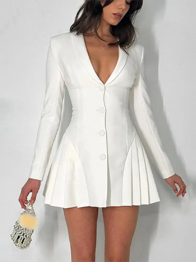 Single Breasted Pleated Long Sleeve Mini Dress Sexy V Neck High Waist Women's Fashion Dress Milanni Fashion White L