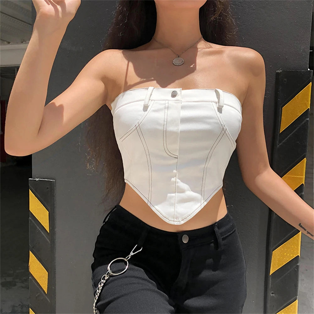 Sexy Camisole New Design Crop Tube Top Women Jeans Button Zipper Backless Denim Bustier Streetwear  Milanni Fashion   