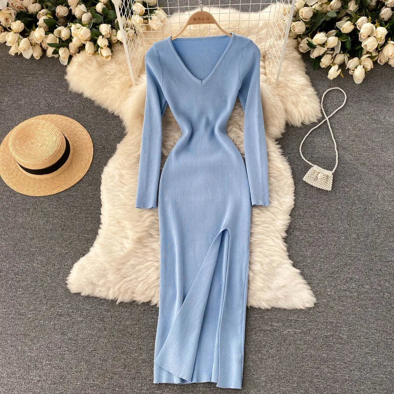 Sexy High Split Sweater Dress Women Full Sleeve Bodycon Slim Long Party Dress For Autumn Winter Milanni Fashion