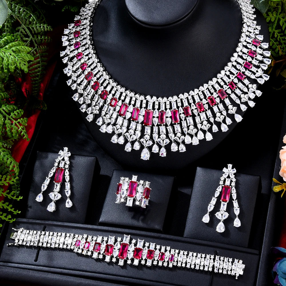 Double Layer Zircon Bridal Necklace With Earrings Trendy Jewelry Set For Women Jewelry Sets Milanni Fashion Ruby resizable 