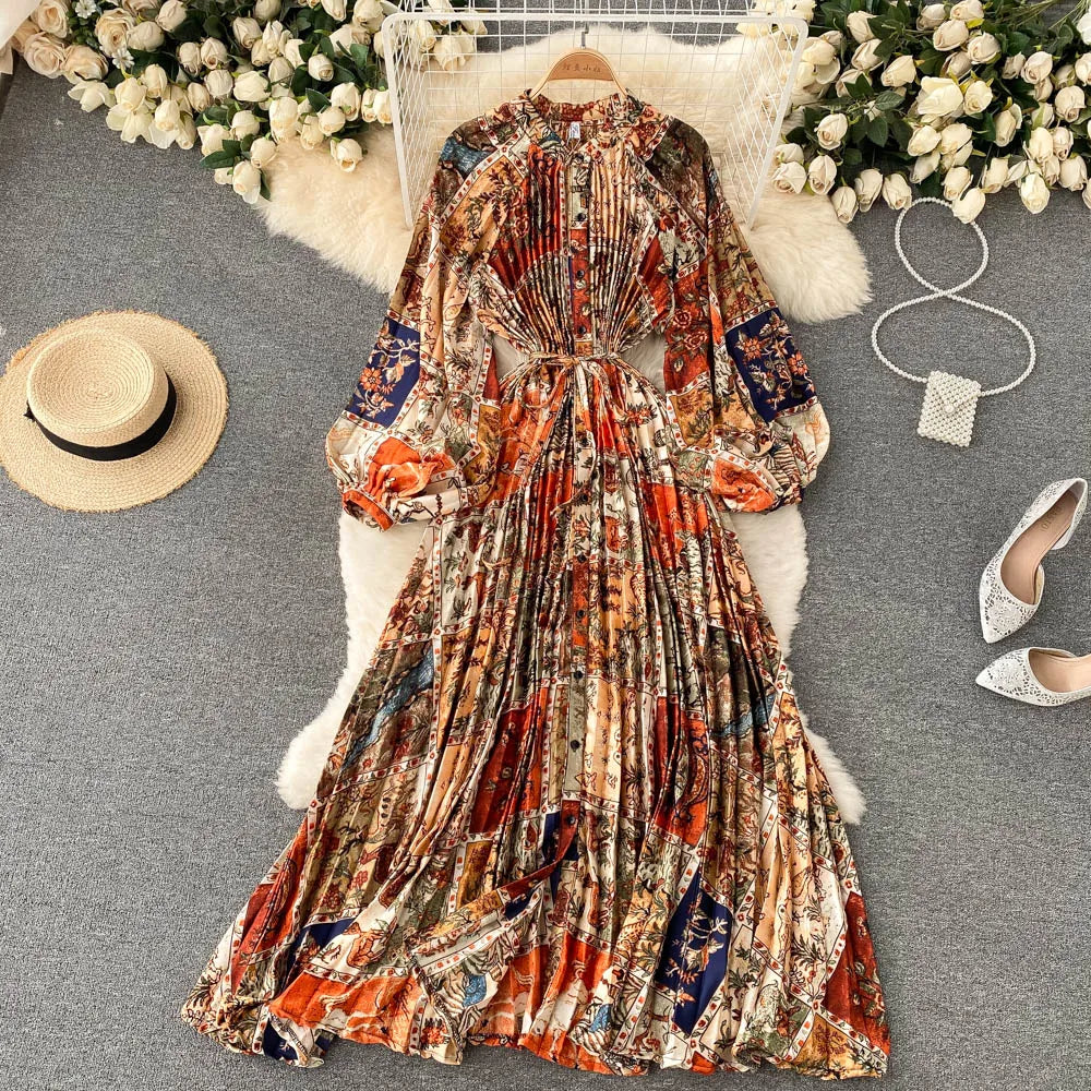 Retro Print Elegant Pleated Chiffon Long Sleeve A-line Dress V-neck High Waist Casual Summer Dress for Women Milanni Fashion