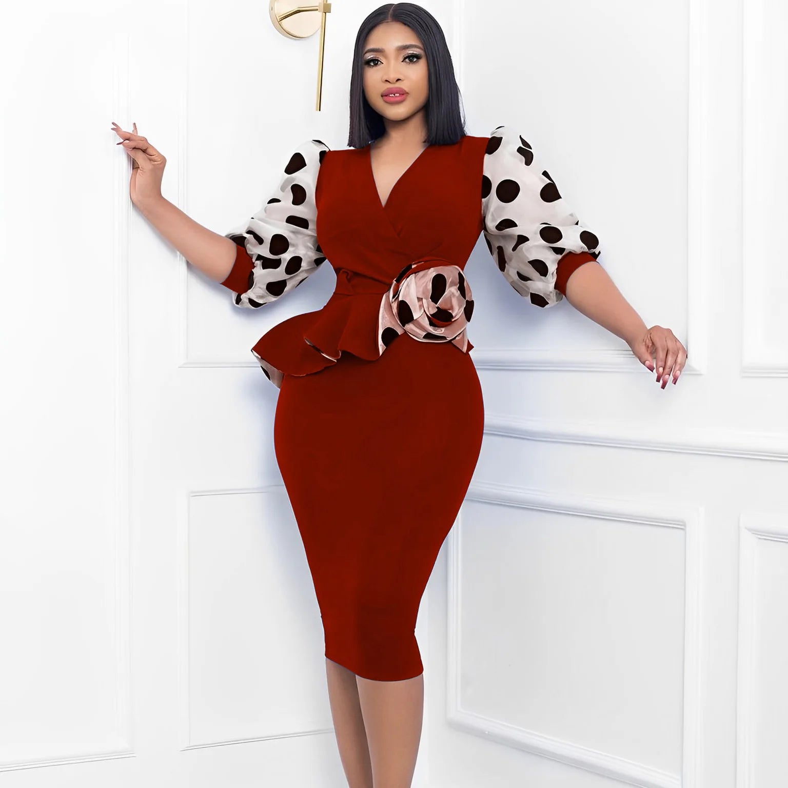 V Neck Puff Sleeve Polka Dot Printed Pencil Dress Elegant Ruffle Bodycon Midi Dress  Milanni Fashion   