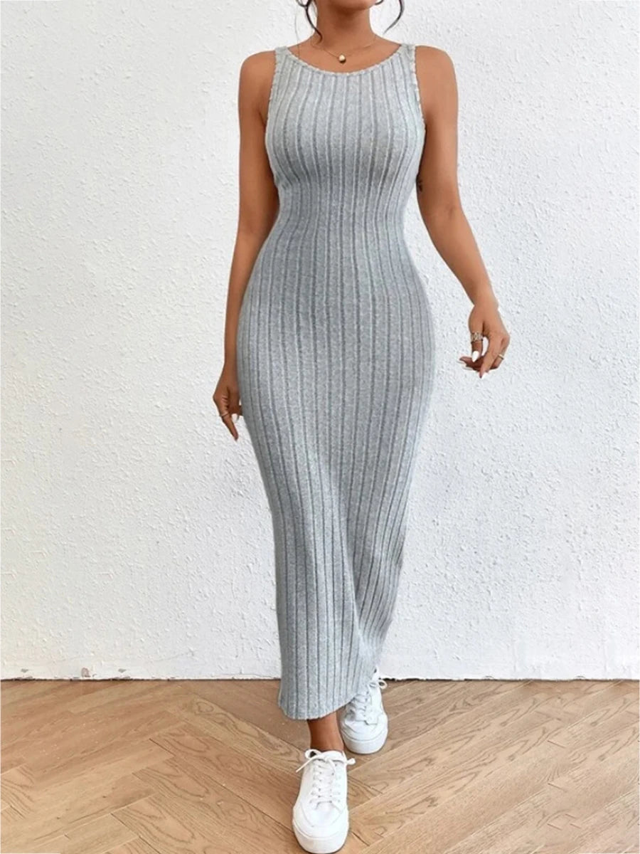 Backless Knit Bodycon Long Dress Women's Sleeveless O Neck Tank Dress Midi Dress Milanni Fashion GRAY L 