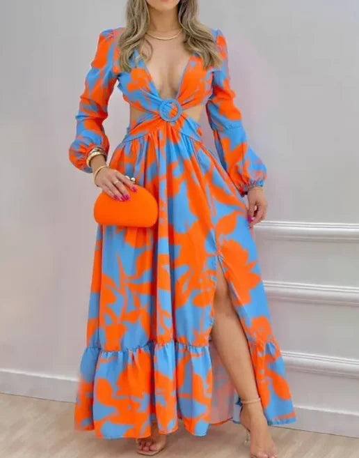 Women Long Sleeved Cutout V-Neck Twist Summer Elegant Tie Dyed Floral Printed Lantern Sleeve Split Thigh Maxi Dress Maxi Dress Milanni Fashion   