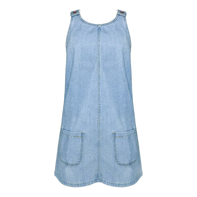 Button Patchwork Shoulder Strap Denim Dress with Double Pockets Sleeveless Casual Commuter Gown for Women Milanni Fashion