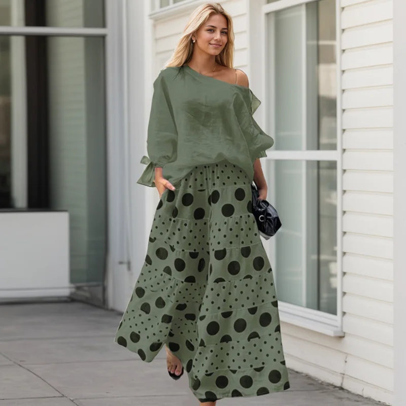 Solid Slant Collar T-Shirt & Polka Dot Loose Pants Women's Casual Two-Piece Suit Set Stylish Outfit Milanni Fashion Green L