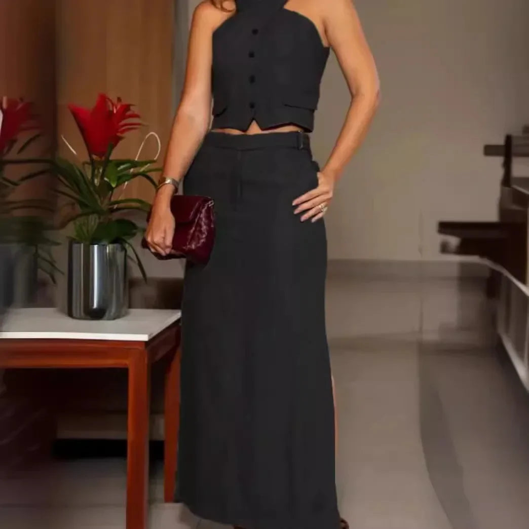 Sleeveless Criss-Cross Top & High Waist Side Slit Skirt Set with Pockets Two Piece Women's Outfit Milanni Fashion Black XXXL