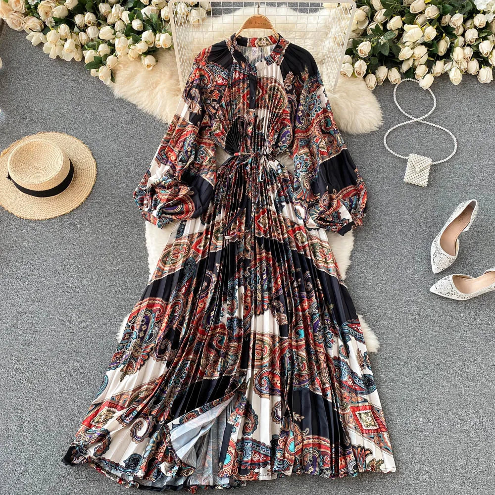 Retro Print Elegant Pleated Chiffon Long Sleeve A-line Dress V-neck High Waist Casual Summer Dress for Women Milanni Fashion