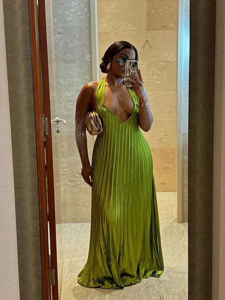 Woman Elegant Sexy Summer Pleated Dress Hollow Out Lady Halter Neck Backless Dress Maxi Dress Milanni Fashion green XXL 