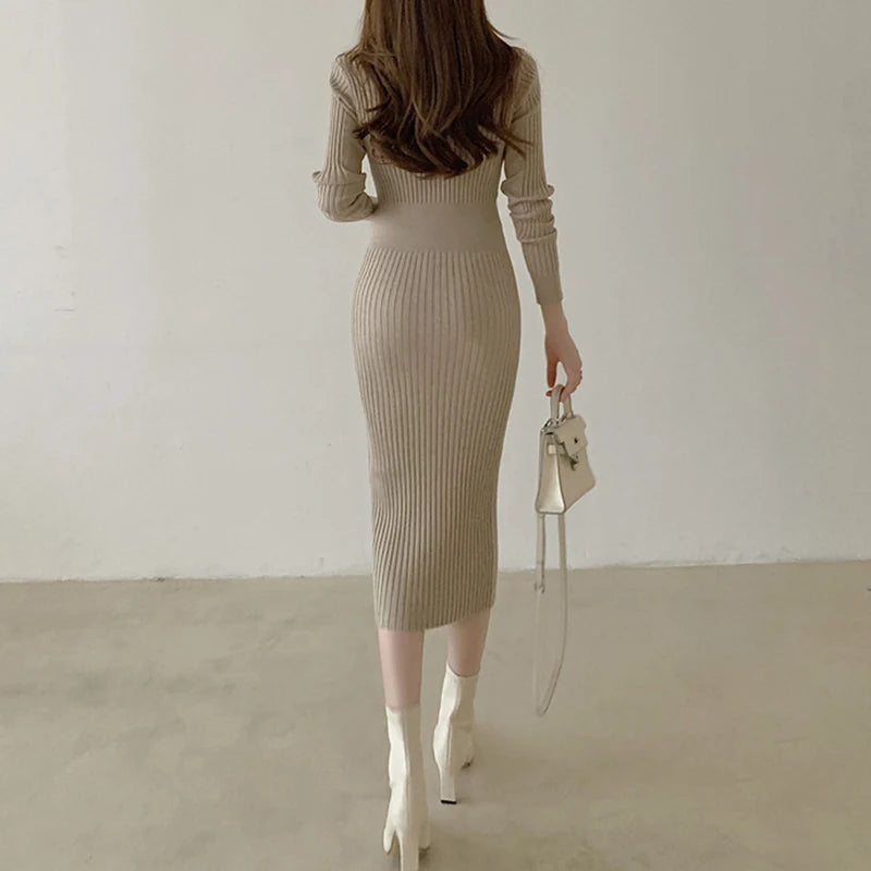 Vintage Knitted Sweater Long Sleeve Dress Women 2024 Spring Fall Elegant Bodycon Button V Neck Sweater Midi Dress  Milanni Fashion   