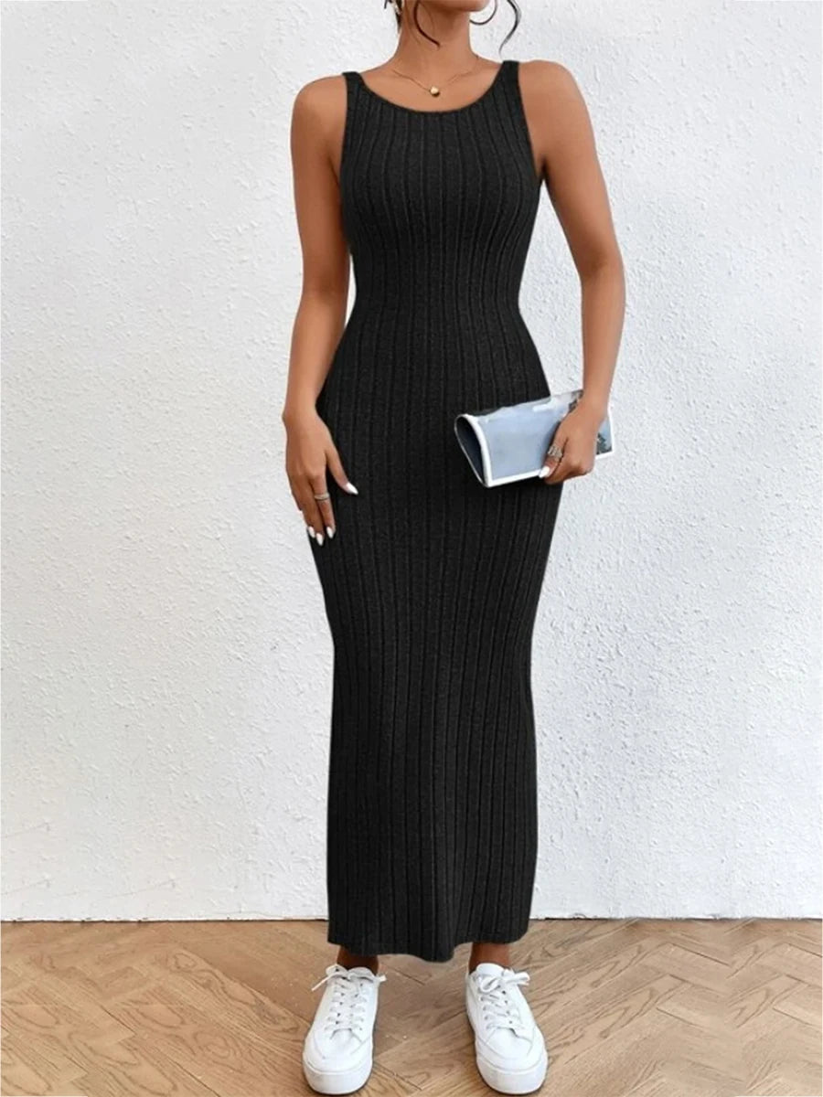 Backless Knit Bodycon Long Dress Women's Sleeveless O Neck Tank Dress Midi Dress Milanni Fashion black M 