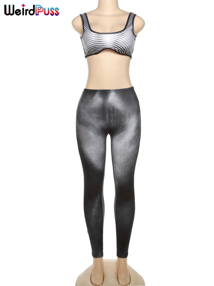 Weird Puss Gradient Print 2 Piece Set Women Skinny Striped Stretch Tank Tops+Leggings  Milanni Fashion   