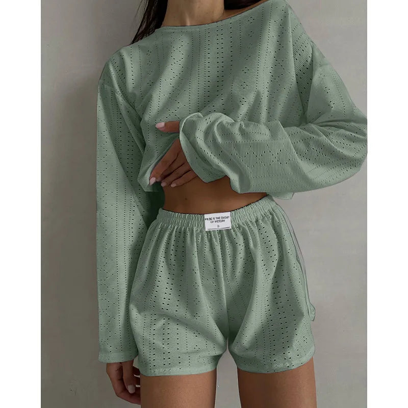 Cozy Long Sleeve Top and Shorts Two-Piece Set Relaxed Round Neck Sleepwear Comfortable Home Wear Milanni Fashion