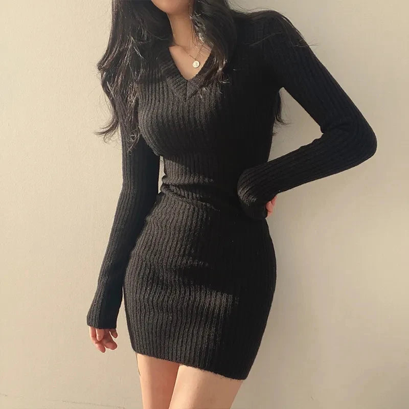 Women Knit Mini Dress Fall Winter Sexy Slim Long Sleeve Base Dress  Milanni Fashion black One Size 