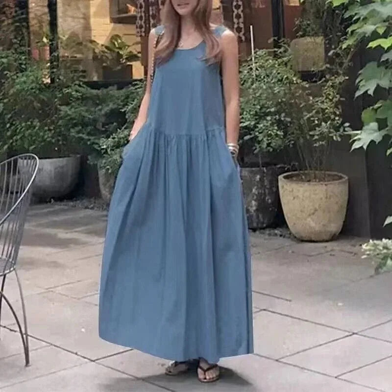 Women Cotton Linen Loose Long Maxi Dress - Elegant Maxi Dress Maxi Dress Milanni Fashion Sapphire Blue XXXL 